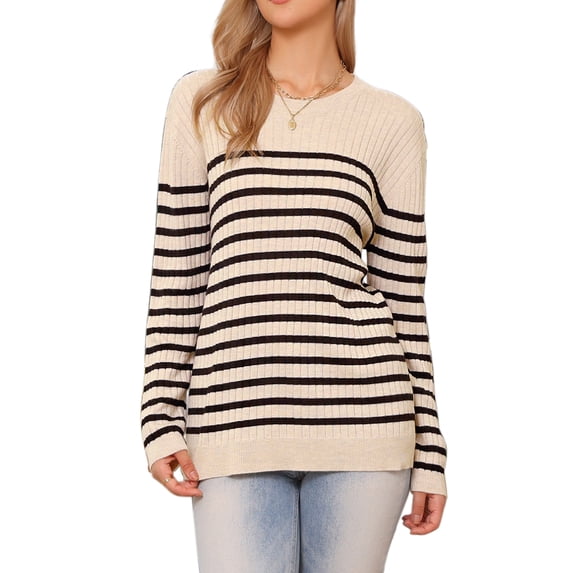 INSPIRE CHIC Striped Sweater for Women's Drop Shoulder Crew Nek Long Sleeve Color Block Pullover Knitted Tops XS Beige Black