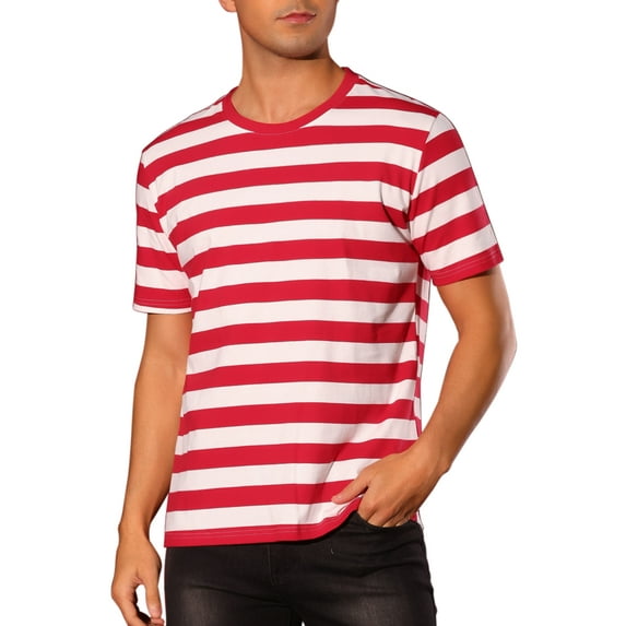 INSPIRE CHIC Striped T-Shirt for Men's Stripes Short Sleeve Tee Top Crew Neck Casual t Shirt M Red White
