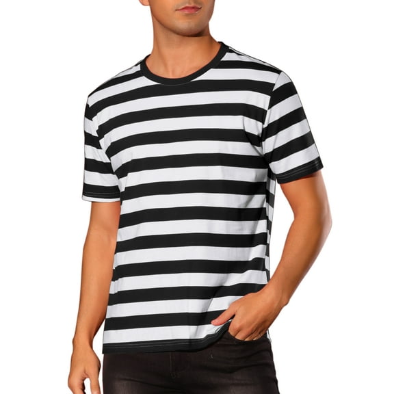 INSPIRE CHIC Striped T-Shirt for Men's Stripes Short Sleeve Tee Top Crew Neck Casual t Shirt S Black White