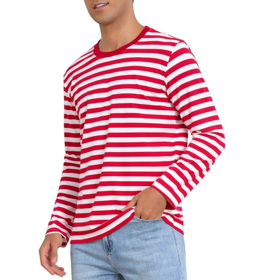 INSPIRE CHIC Men's T-Shirts Long Sleeve Striped Pattern Crew Neck Regular Fit Pullover T-Shirts 2XL Red White