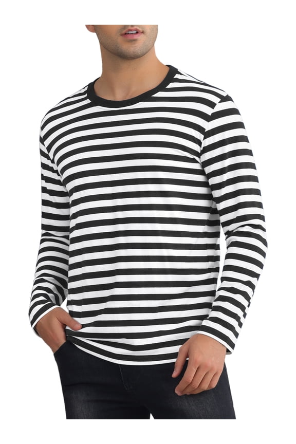 Men's Long Sleeve Crew Neck Pullover Striped T-Shirts XL Black White