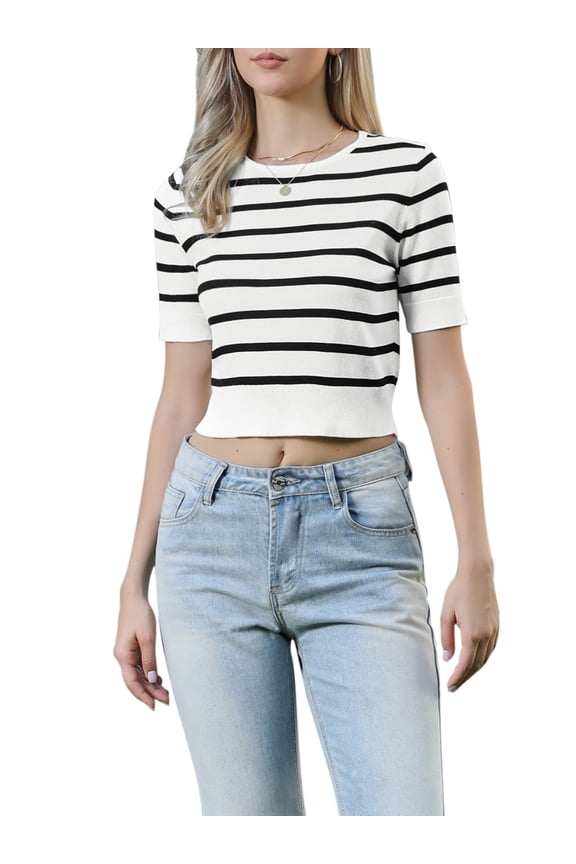 Striped Top for Women Short Sleeve Sweater Crew Neck Lightweight Stretch Casual Knit Tops M Black Striped