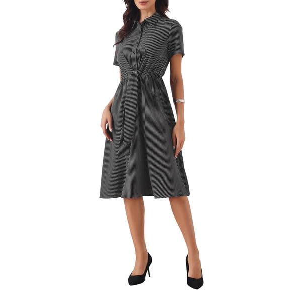 INSPIRE CHIC Striped Work Dress for Women's Lapel Collared Tie Waist Offcie Button Down Short Sleeve Long Casual Dresses M Black