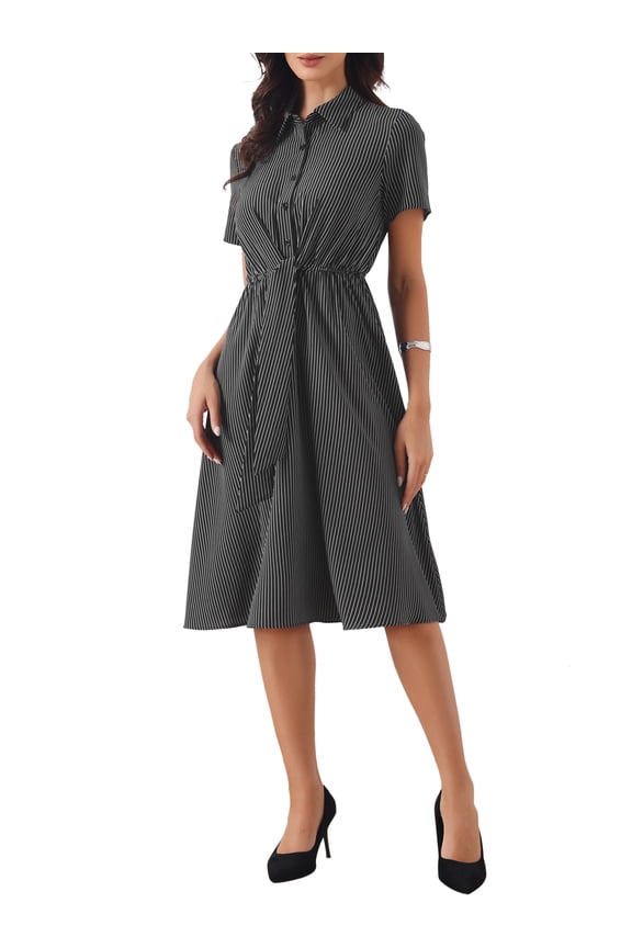 Striped Work Dress for Women's Lapel Collared Tie Waist Offcie Button Down Short Sleeve Long Casual Dresses XS Black