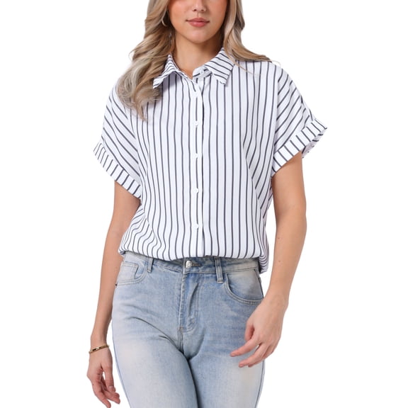 INSPIRE CHIC Striped Work Tops for Women's Button Down Short Sleeve Business Blouses L White