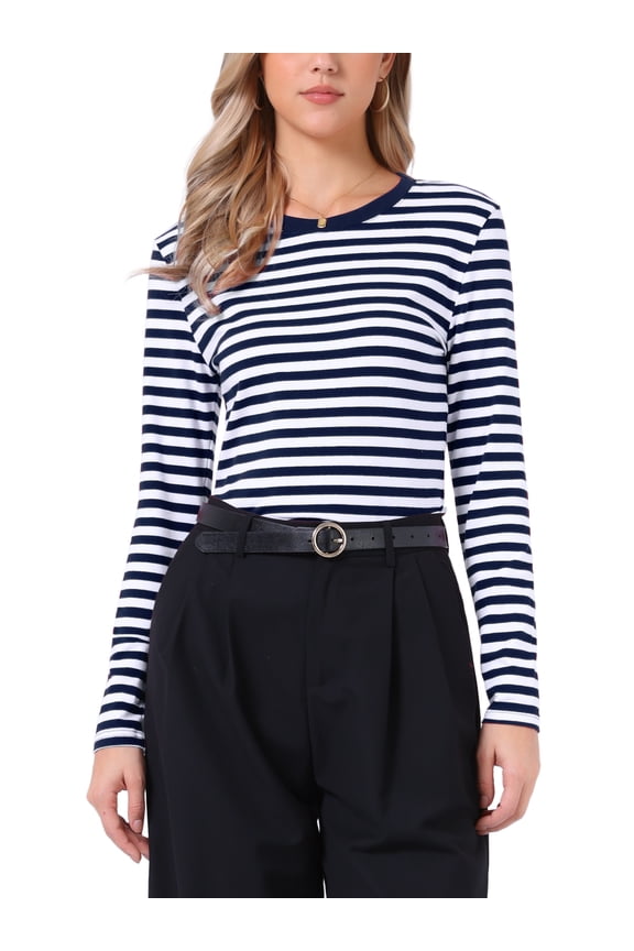 Women's Striped Top Long Sleeve Crew Neck Slim Fit Cotton Fitted Tee M Navy Blue Stripe