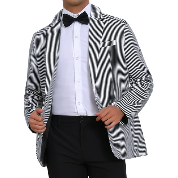 INSPIRE CHIC Stripes Blazer for Men's Single Breasted Sport Coat Business Striped Suit Jacket L Black White