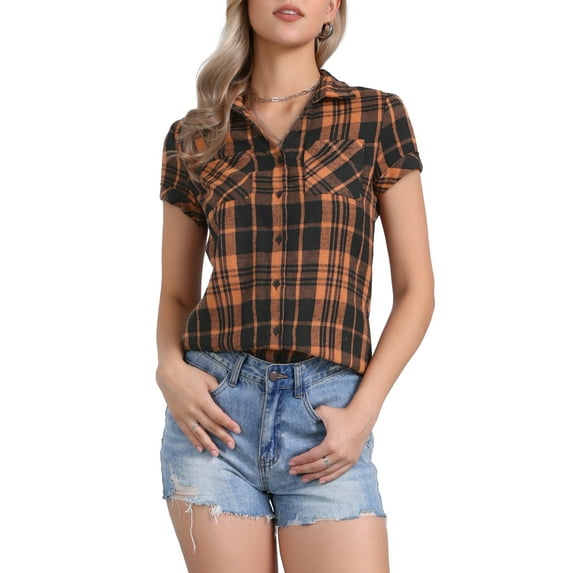 INSPIRE CHIC Women's Plaid Shirts Point Collar Button Down Blouses M Black Orange