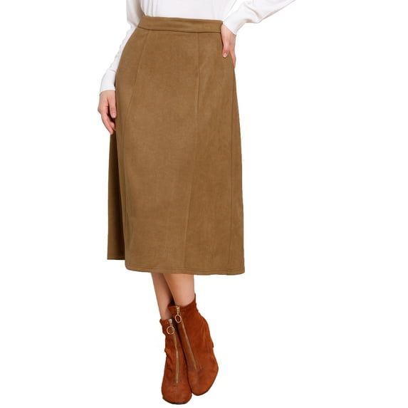 INSPIRE CHIC Suede Midi Skirts for Women's Work Casual Fall Winter A Line Skirt Trendy XS Brown
