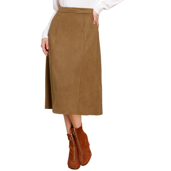 INSPIRE CHIC Suede Midi Skirts for Women's Work Casual Fall Winter A Line Skirt Trendy XS Brown