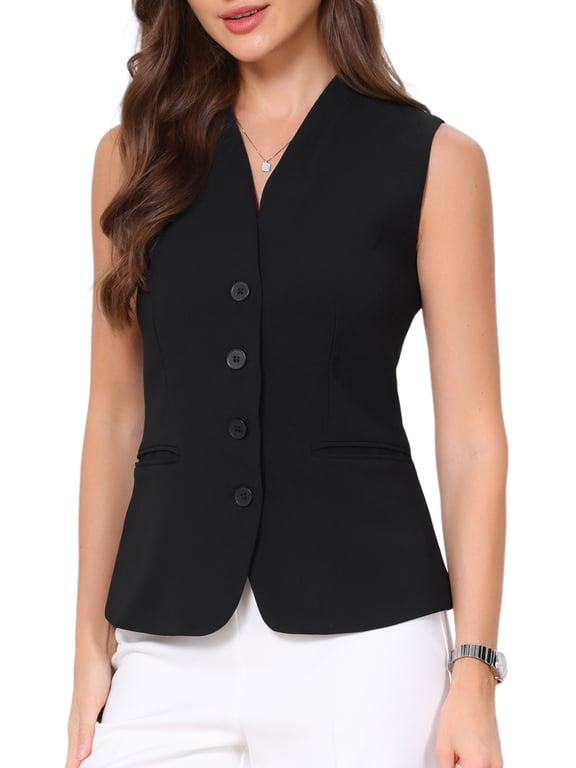 Suit Vest Tops for Women's V Neck Button Down Waistcoat Business Work Sleeveless Blazer XL Black