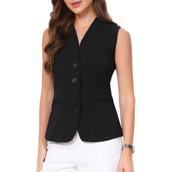 INSPIRE CHIC Suit Vest Tops for Women's V Neck Button Down Waistcoat Business Work Sleeveless Blazer XS Black