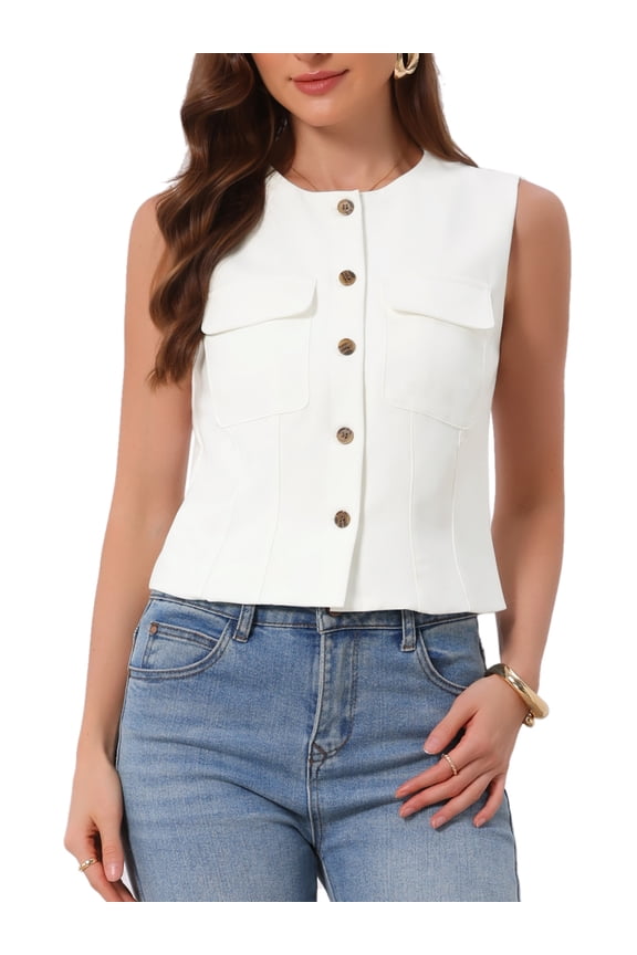 Suit Vest for Women's Crew Neck Button Down Waistcoat Slim Fit Sleeveless Blazer with Pockets XS White