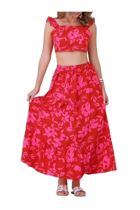 Summer 2 Piece Outfits for Women's Floral Tank Top and Maxi Skirt Set M Red