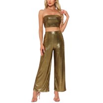 INSPIRE CHIC Summer 2 Piece Outfits for Women's Wide Leg Pants Cropped Tops Casual Lounge Sets XS Black Gold