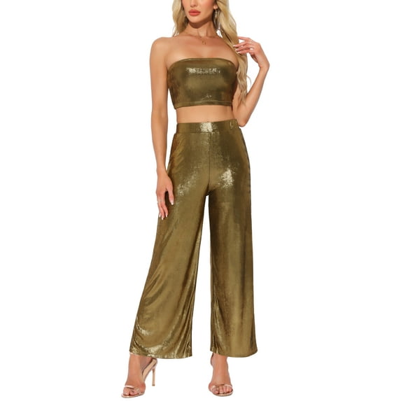 INSPIRE CHIC Summer 2 Piece Outfits for Women's Wide Leg Pants Cropped Tops Casual Lounge Sets XS Black Gold