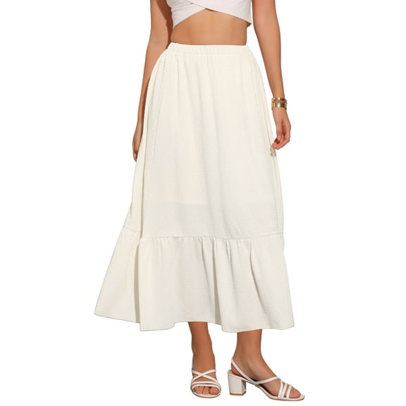 INSPIRE CHIC Summer A-Line Skirt for Women's Elastic High Waist Solid Flowy Casual Midi Skirts M Beige