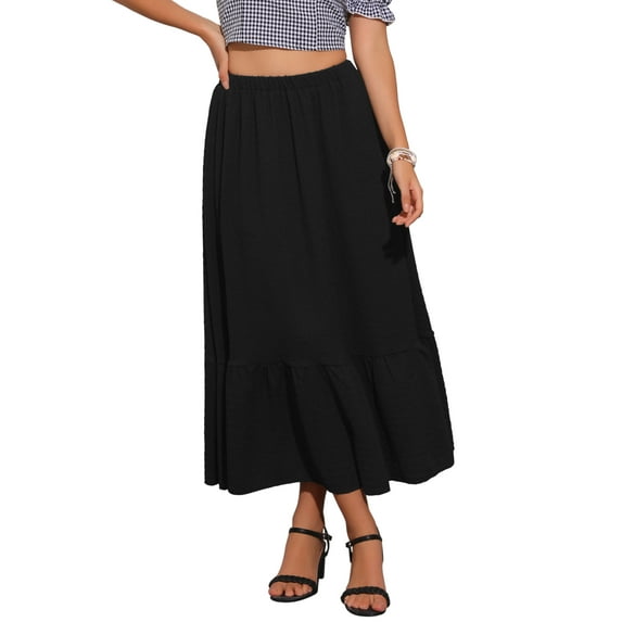 INSPIRE CHIC Summer A-Line Skirt for Women's Elastic High Waist Solid Flowy Casual Midi Skirts M Black