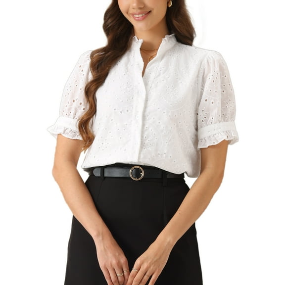 INSPIRE CHIC Summer Blouses for Women's Dressy Short Sleeve V Neck Button Down Hollow Out Embroidered Shirts XS White