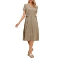 thumbnail image 1 of Summer Casual Dress for Women's Button Down V Neck Short Sleeve Work A Line Midi Dress XS Khaki, 1 of 6
