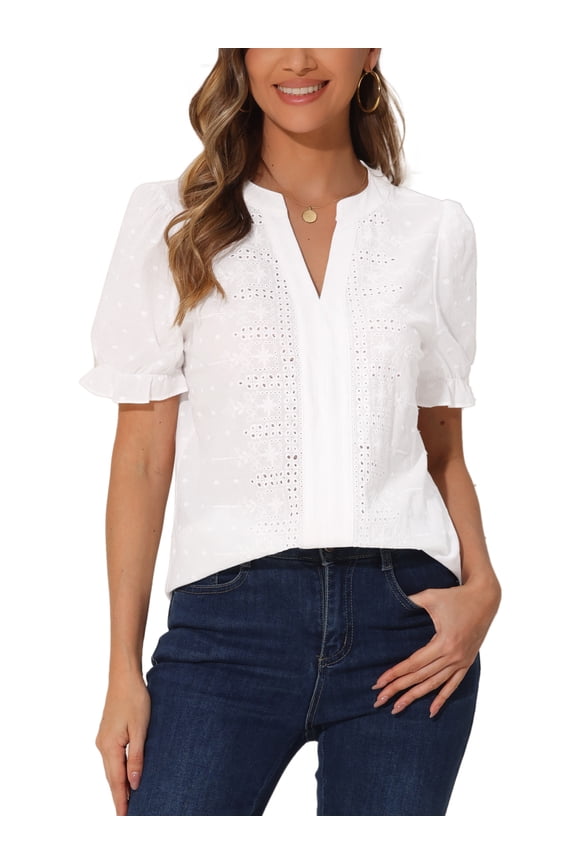 Summer Casual Eyelet Top for Women Notch V Neck Short Puff Sleeve Lace Cotton Blouse Shirts XL White