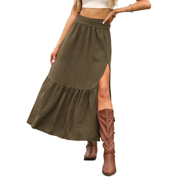 INSPIRE CHIC Summer Casual Tiered Skirt for Women's High Waist Side Slit A Line Long Skirts XL Brown