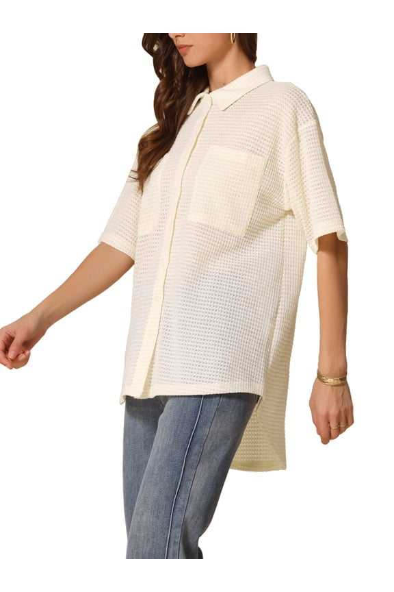 Summer Casual Tunic Shacket Shirt for Women's Waffle Knit Half Sleeve Button Down Shirts Top M Beige