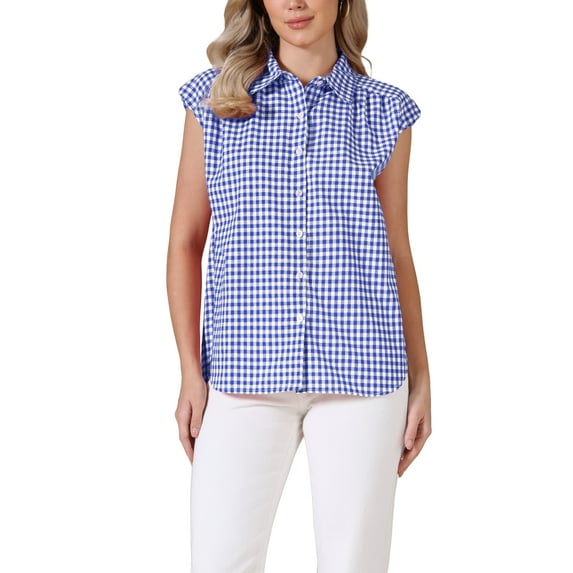 INSPIRE CHIC Summer Check Top for Women's 1950s Vintage Button Up Dressy Casual Blouse L Blue