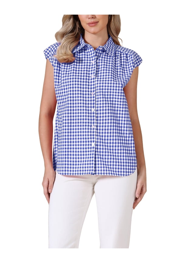 Summer Check Top for Women's 1950s Vintage Button Up Dressy Casual Blouse M Blue