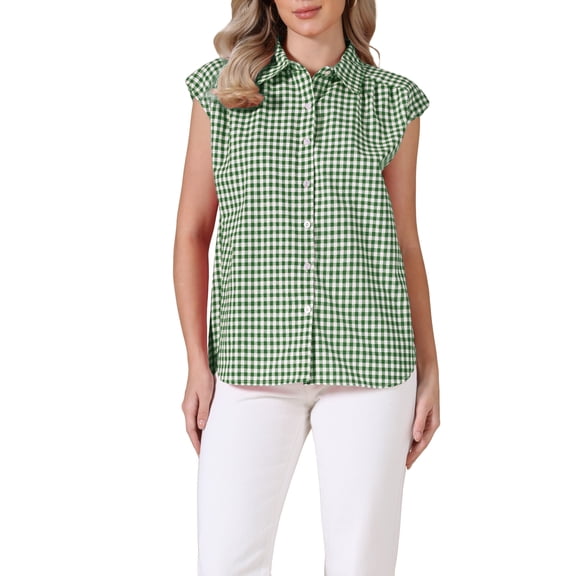 INSPIRE CHIC Summer Check Top for Women's 1950s Vintage Button Up Dressy Casual Blouse S Green