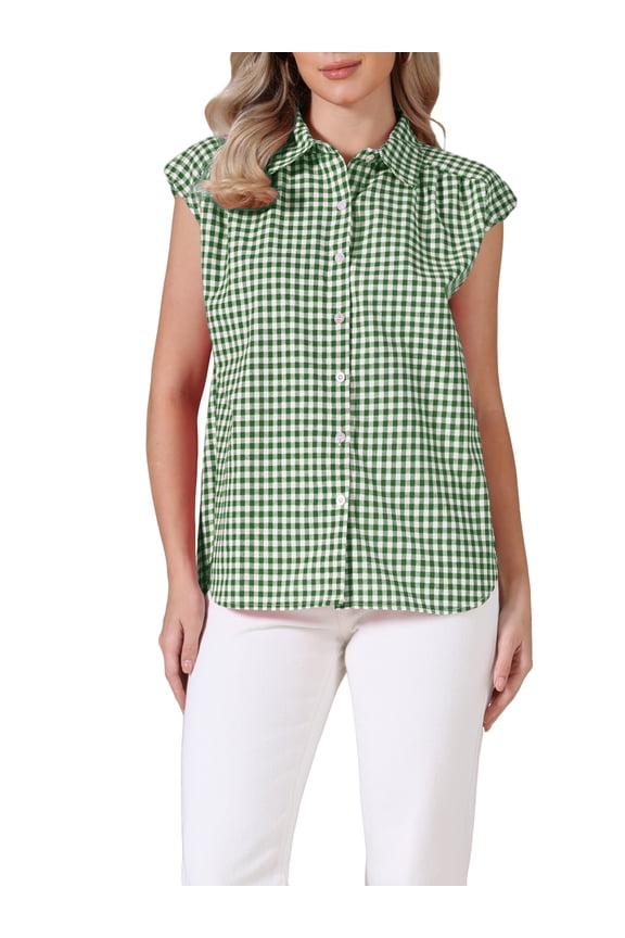 Summer Check Top for Women's 1950s Vintage Button Up Dressy Casual Blouse S Green