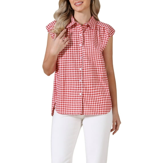 INSPIRE CHIC Summer Check Top for Women's 1950s Vintage Button Up Dressy Casual Blouse S Red