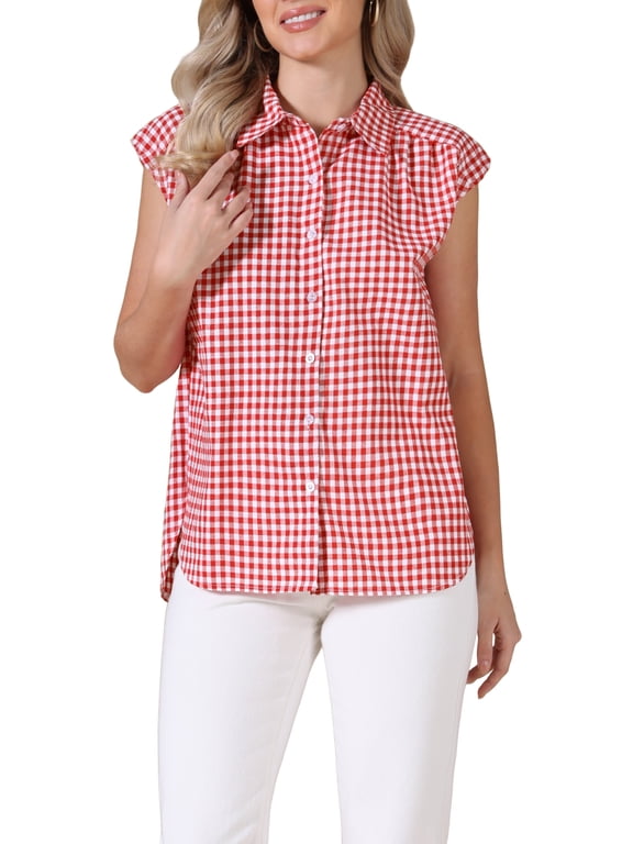 Gingham Top for Women's Work Cap Sleeve Vintage Plaid Button Down Shirts XL Red