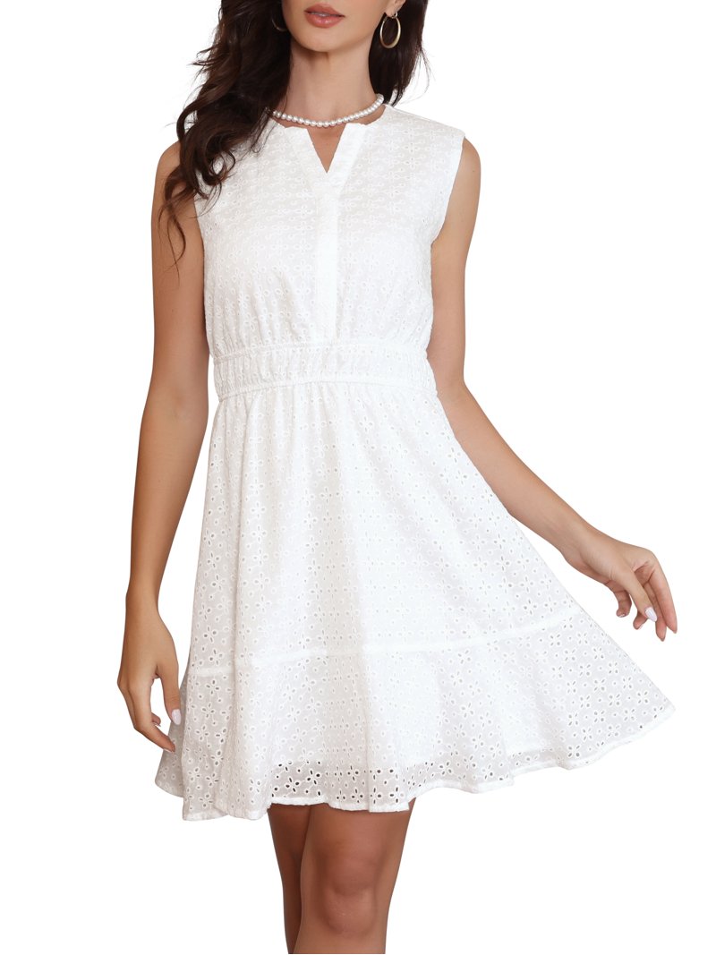 navy blue dress for baby girl Inspire Chic Summer Dress for Women Sleeveless V Neck Eyelet Hollow Out A Line Mini Dresses L White