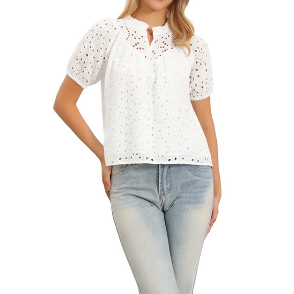 INSPIRE CHIC Summer Eyelet Top for Women Ruffle Mock Neck Puff Short Sleeve Cotton Casual Blouses Top XL White