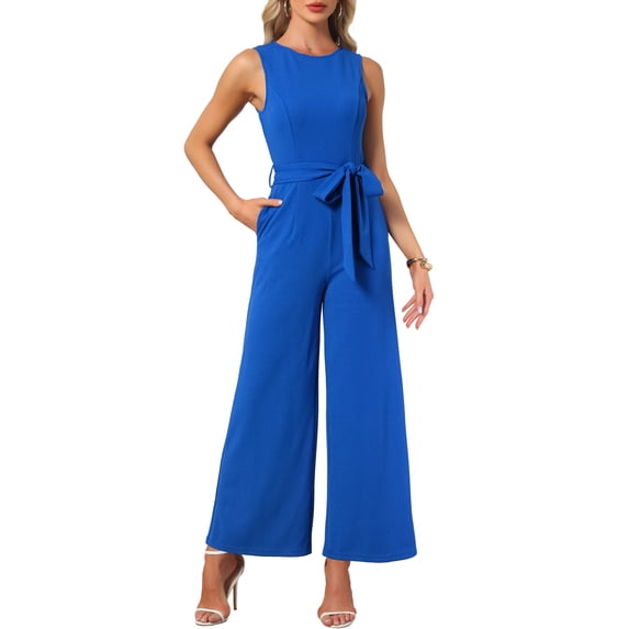 INSPIRE CHIC Summer Jumpsuit for Women's Dressy Casual Sleeveless Crew Neck Belted Wide Leg Rompers XS Royal Blue