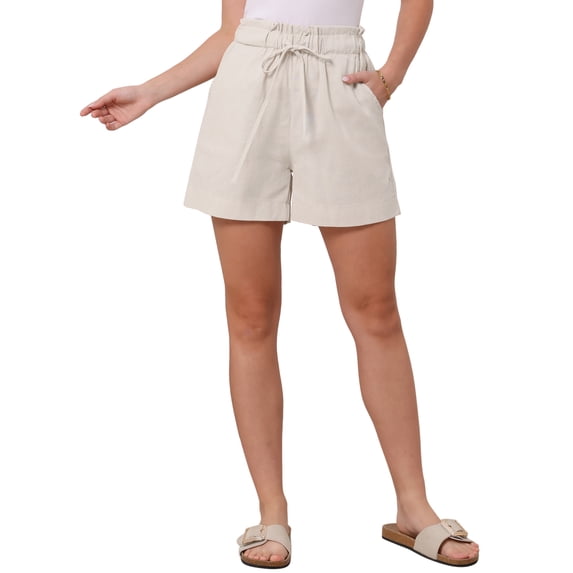 INSPIRE CHIC Summer Linen Shorts for Women's High Waisted Wide Leg Drawstring Vacation Outfit S Beige