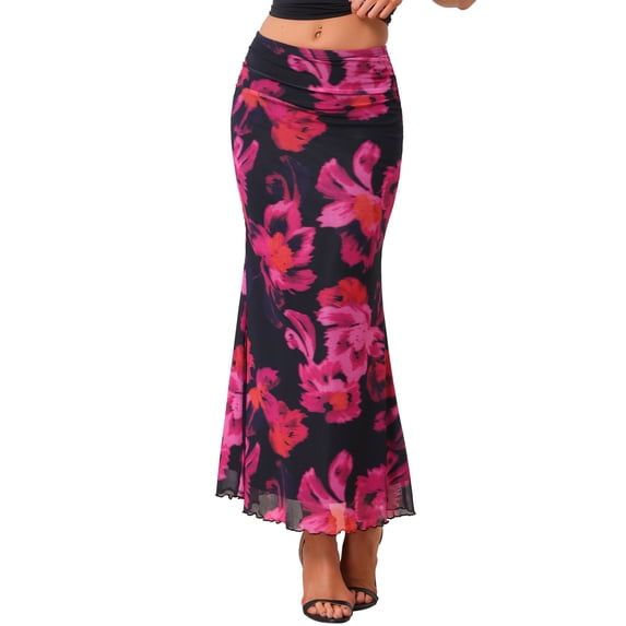 INSPIRE CHIC Summer Maxi Skirt for Women High Waist Floral Mesh Boho Bodycon Fishtail Long Skirts M Black Red