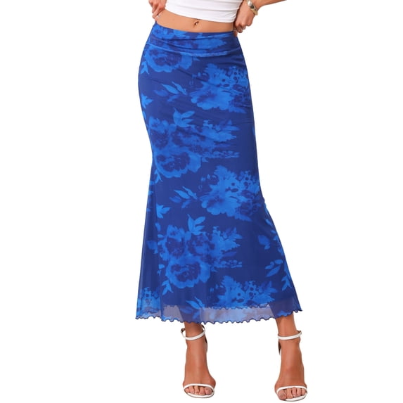 INSPIRE CHIC Summer Maxi Skirt for Women High Waist Floral Mesh Boho Bodycon Fishtail Long Skirts M Blue-1