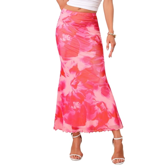 INSPIRE CHIC Summer Maxi Skirt for Women High Waist Floral Mesh Boho Bodycon Fishtail Long Skirts S Pink