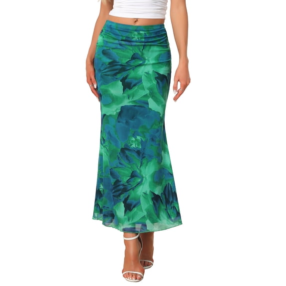 INSPIRE CHIC Summer Maxi Skirt for Women High Waist Floral Mesh Boho Bodycon Fishtail Long Skirts XL Blue Green