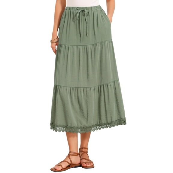 INSPIRE CHIC Summer Maxi Skirt for Women's Elastic High Waist Tiered A-Line Casual Beach Long Skirts L Gray Green