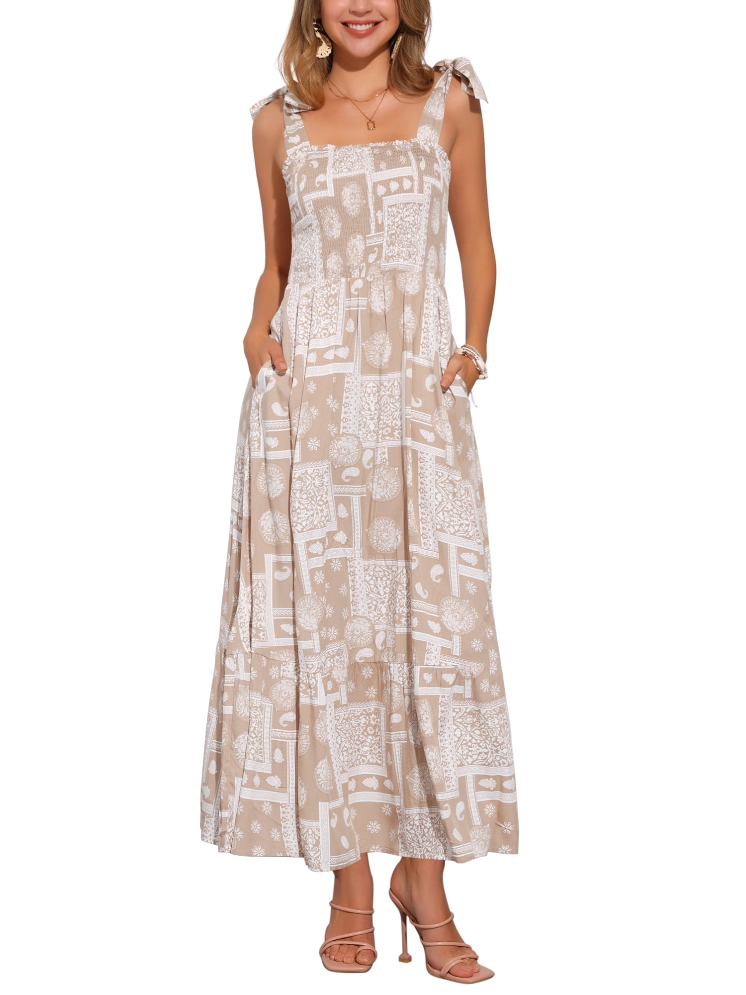 Women's Printed Square Neck Long Sleeve Elegant Summer Dress