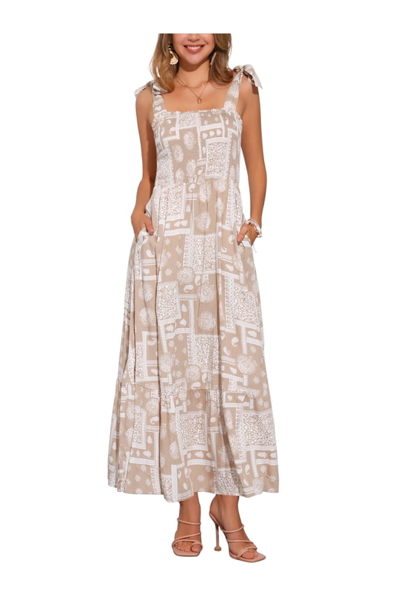 Summer Printed Dress for Women's Spaghetti Strap Square Neck A-Line Long Maxi Dresses XS Khaki
