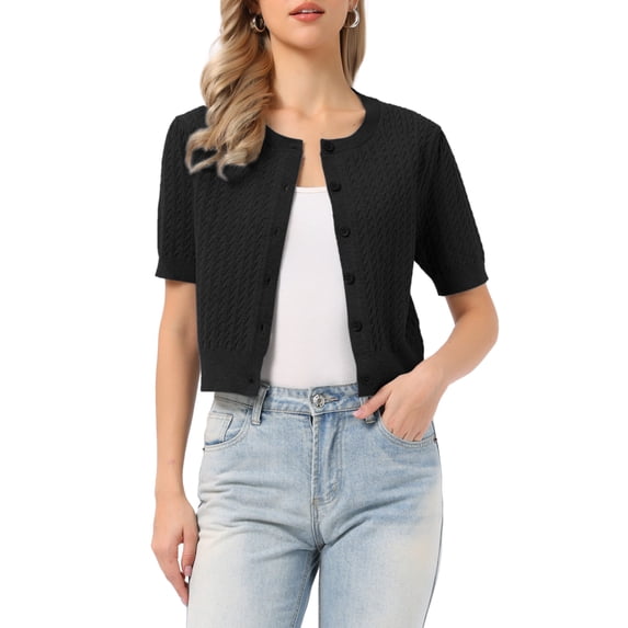 INSPIRE CHIC Summer Short Sleeve Cardigans Sweater Casual Cable Knit Button Down Crewneck Lightweight Sweater Tops XS Black