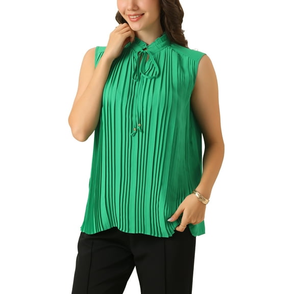 INSPIRE CHIC Summer Sleeveless Business Casual Tank Top for Women's Spring Work Tie Neckline Pleaed Blouse XS Green