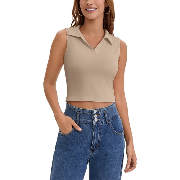 INSPIRE CHIC Summer Sleeveless Cropped Tank Tops for Women Golf Polo Shirts Collared V Neck Athletic Workout Tops L Khaki