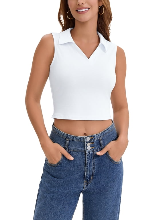 Summer Sleeveless Cropped Tank Tops for Women Golf Polo Shirts Collared V Neck Athletic Workout Tops S White