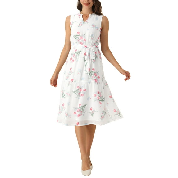 INSPIRE CHIC Summer Sleeveless Floral Dress for Women's Tie Waist Knee Length Chiffon Swing Dresses with Belt XS White