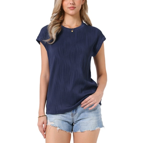 INSPIRE CHIC Summer Textured Top for Women's Cap Sleeve Crew Neck Knit Casual Basic Sweater Tops XL Navy Blue